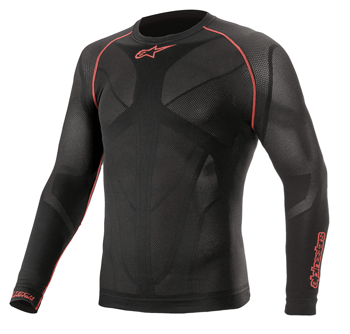 Alpinestars Ride Tech V2 Top Long Sleeve Summer, sous-couche technique moto, noir et rouge, avec panneaux en mesh respirant, coutures plates rouges sur les épaules et logos Alpinestars sur la poitrine et la manche