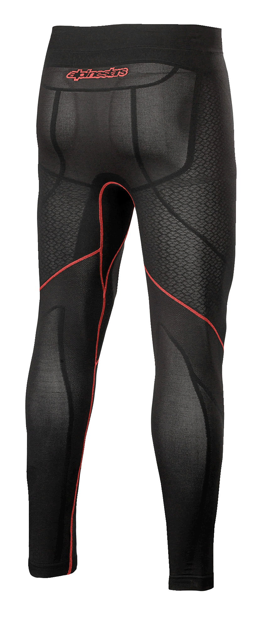 Alpinestars Ride Tech V2 Bottom Summer, sous-pantalon de moto, noir et rouge, vue arrière montrant des coutures contrastées rouges, logo Alpinestars rouge sur la ceinture et empiècements en mesh respirant pour la conduite par temps chaud.