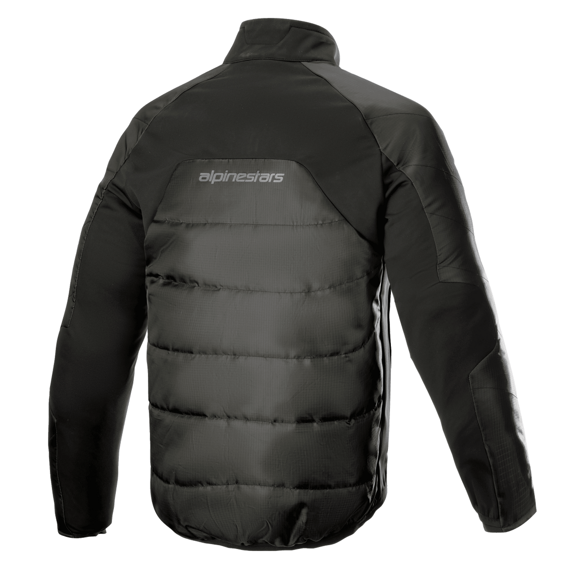 Doublure thermique AMT Alpinestars, veste intermédiaire thermique noire, vue arrière avec construction en Ripstop 3L matelassé, isolation PrimaLoft et logo Alpinestars sur le haut du dos