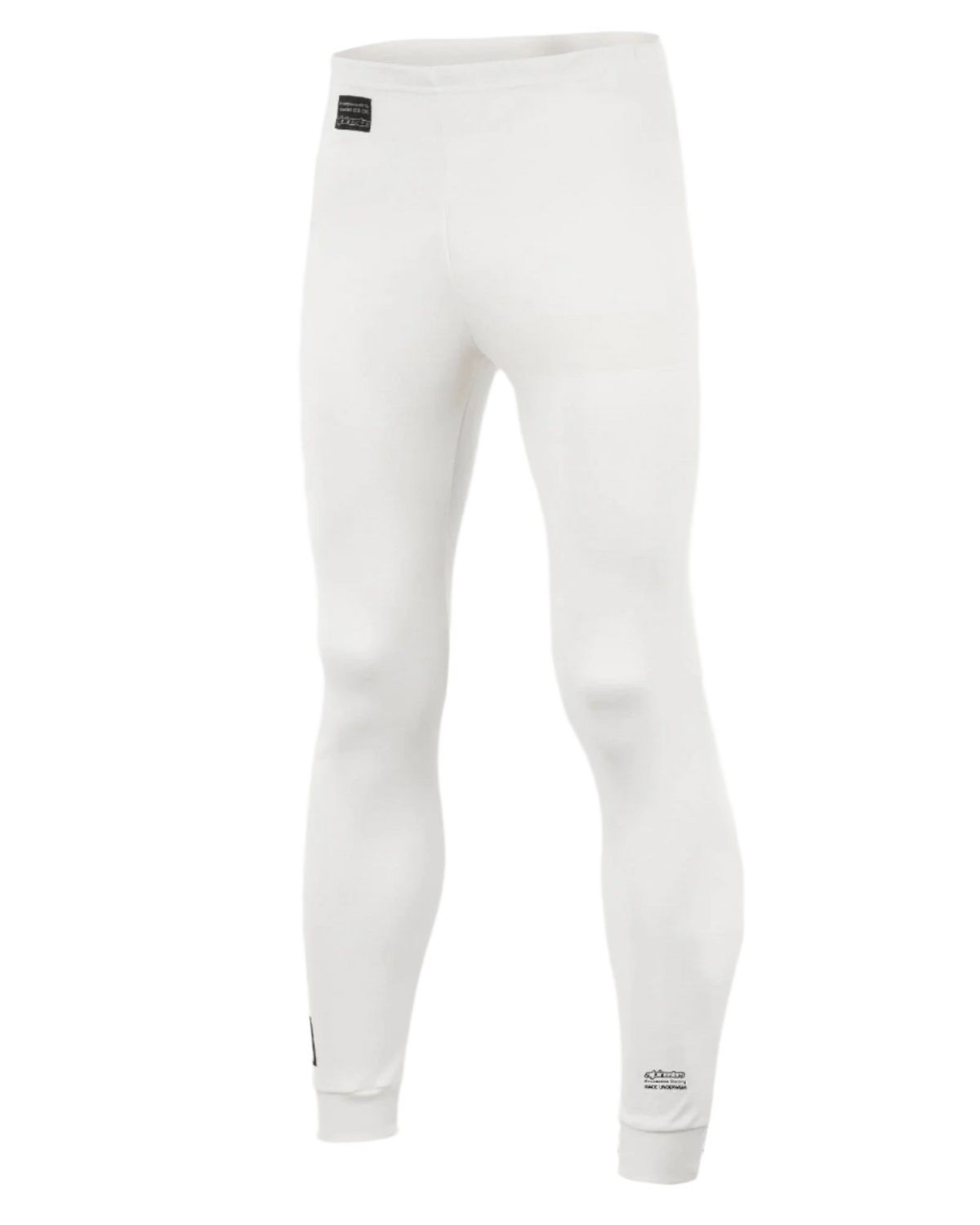 Alpinestars Race Bottom FIA, pantalon de couche de base pour le sport automobile, blanc avec écussons de logo noirs, textile léger et résistant aux flammes, conçu pour être porté sous une combinaison de pilotage