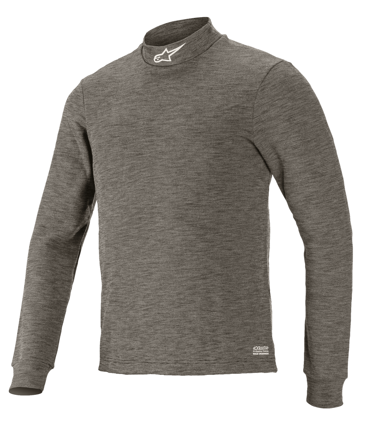 Alpinestars Race V3 Long Sleeve Top, technical motorsport base layer, Anthracite Melange gray, mock neck with white star logo, long sleeves, heathered flame-resistant fabric, professional auto racing underlayer