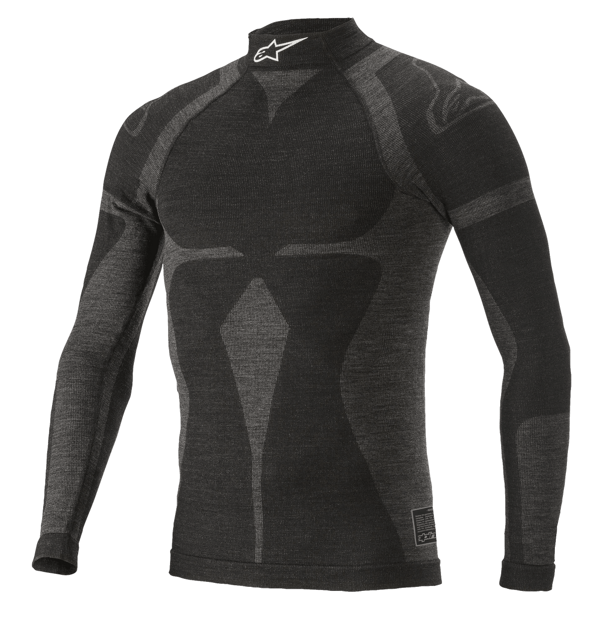 Alpinestars ZX Evo V2 Long Sleeve Top, auto racing base layer shirt, black and gray, high collar featuring a white logo, jacquard motif pattern, form-fitting technical apparel with lightweight knit texture