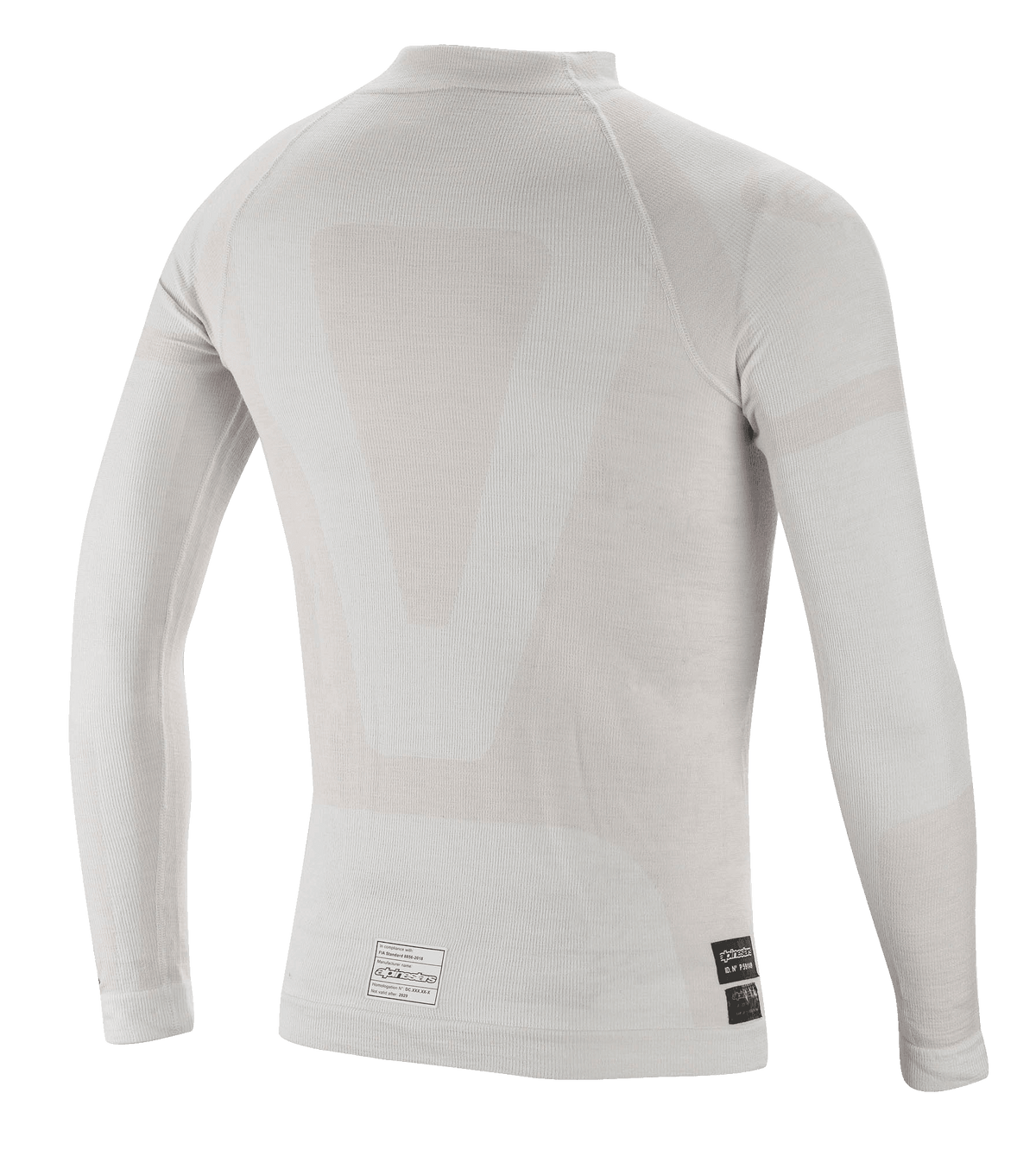 Haut à manches longues Alpinestars ZX Evo V2, sous-vêtement technique pour la course automobile, blanc gris, vue arrière montrant la construction tubulaire légère sans coutures et les étiquettes de certification FIA sur l'ourlet inférieur