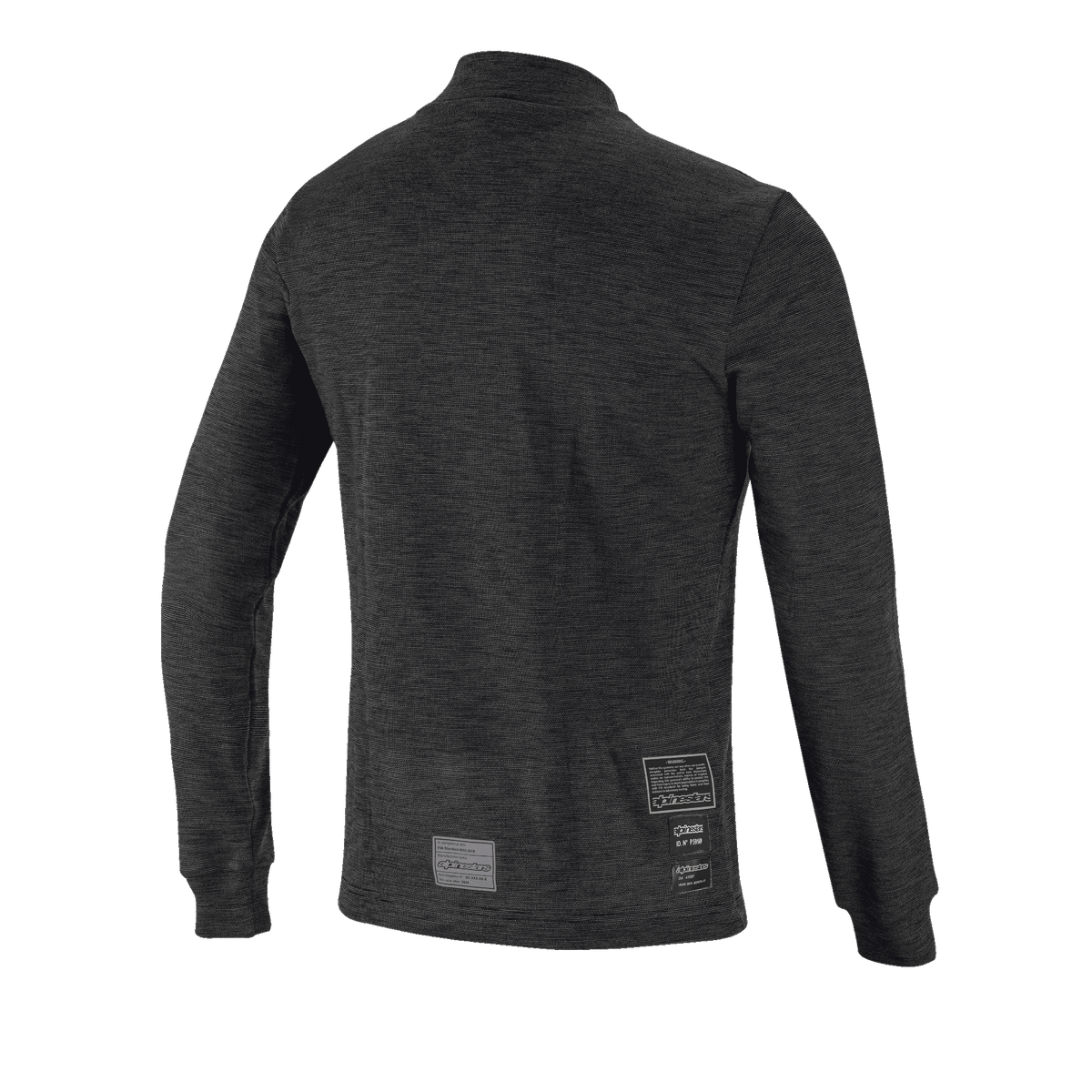 Haut à manches longues Alpinestars Race V3, vue de dos, couche de base ignifuge noire, présentant une conception en maille texturée, des manches longues avec poignets côtelés et des étiquettes d'homologation FIA sur le bas du dos.