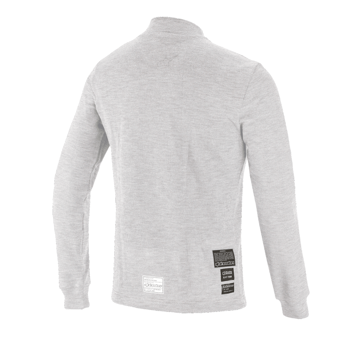 Alpinestars Race V3 Long Sleeve Top, couche de base pour le sport automobile, blanc, vue arrière montrant les étiquettes d'homologation FIA 8856-2018 sur le bas du dos, matériau résistant aux flammes à texture douce pour la protection en sport automobile