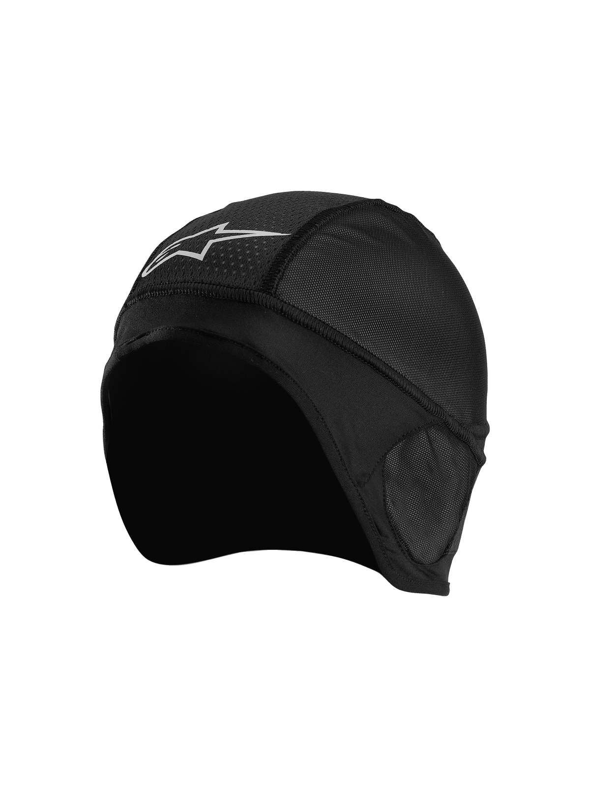 Alpinestars Balaclava Skull Cap, Black, Motorcycle Helmet Liner, featuring breathable mesh panels, white star logo, ergonomic design with flat-lock seams for under-helmet comfort