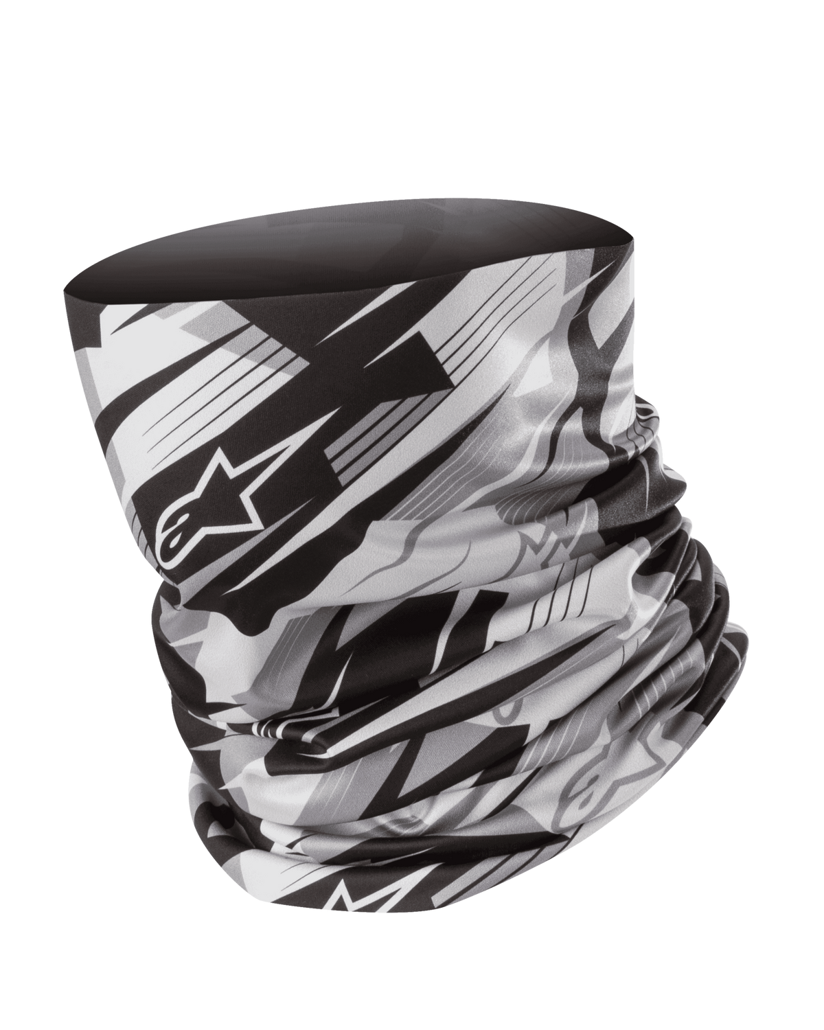 Alpinestars Neck Tube, cache-cou de moto, noir et gris, motif géométrique flou avec logo étoile Alpinestars, tissu léger et soyeux, couche de base sans couture pour une protection contre le vent