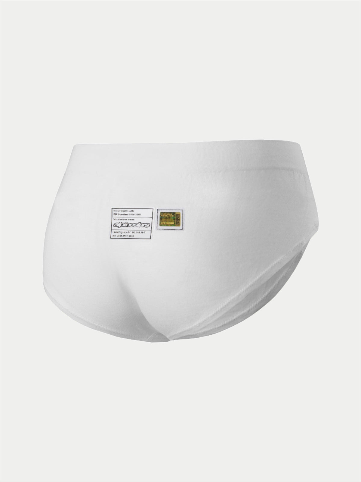 Culotte Alpinestars Stella TECH ZX, sous-vêtement de course pour femme, blanc, vue arrière avec étiquettes de certification FIA 8856-2018 et logo Alpinestars, couche de base légère et résistante aux flammes pour le sport automobile