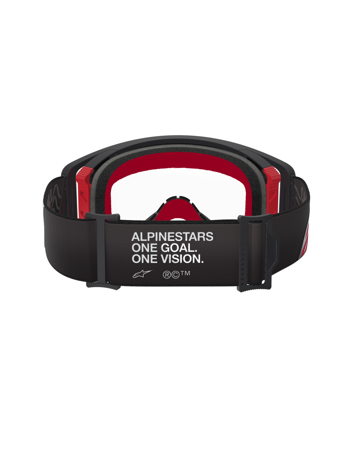 Masque Alpinestars Supertech Corp, masque de motocross, noir et rouge avec écran clair, vue arrière montrant le large bandeau noir avec l'inscription blanche 'ALPINESTARS ONE GOAL. ONE VISION.', mousse faciale multicouche et détails de monture rouges