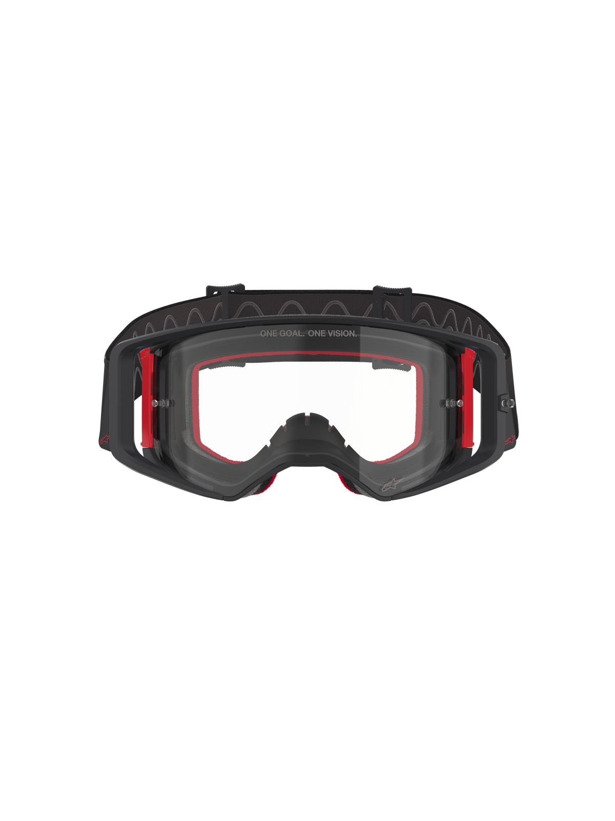 Alpinestars Supertech Corp Goggles, masque de motocross, noir, rouge et transparent, vue de face, écran transparent avec le texte 'ONE GOAL. ONE VISION.', monture noire avec accents latéraux rouges, large champ de vision, bandeau robuste avec grip en silicone ondulé