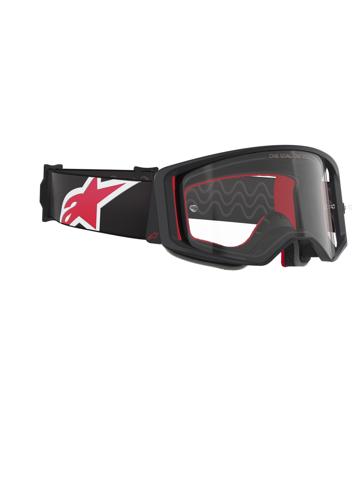 Lunettes Alpinestars Supertech Corp, masque de motocross, noir, rouge et transparent, vue latérale présentant un écran clair et une monture noire, rembourrage intérieur rouge, bandeau noir avec un grand logo Alpinestars rouge et blanc, protection oculaire professionnelle tout-terrain