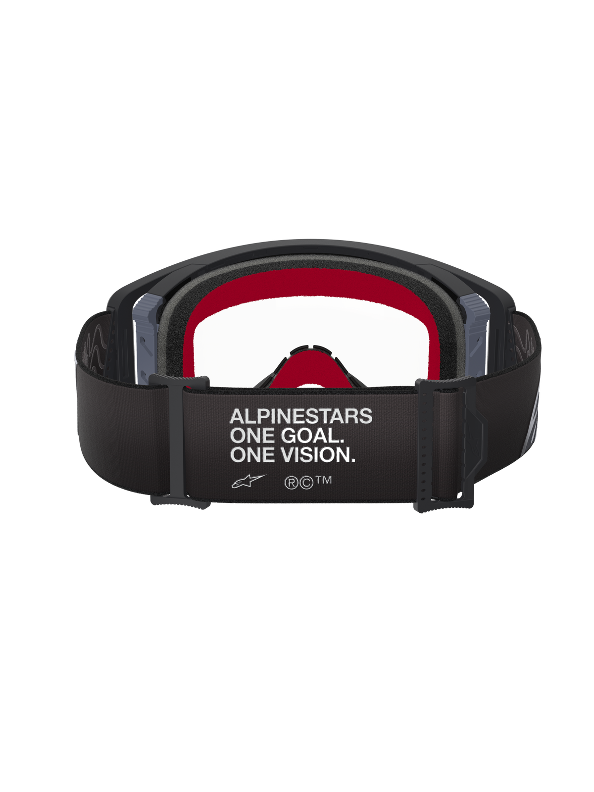 Lunettes Alpinestars Supertech Corp, lunettes de motocross, monture noire et grise avec écran clair, vue arrière avec bandeau noir arborant le slogan « ALPINESTARS ONE GOAL. ONE VISION. » et mousse faciale interne rouge