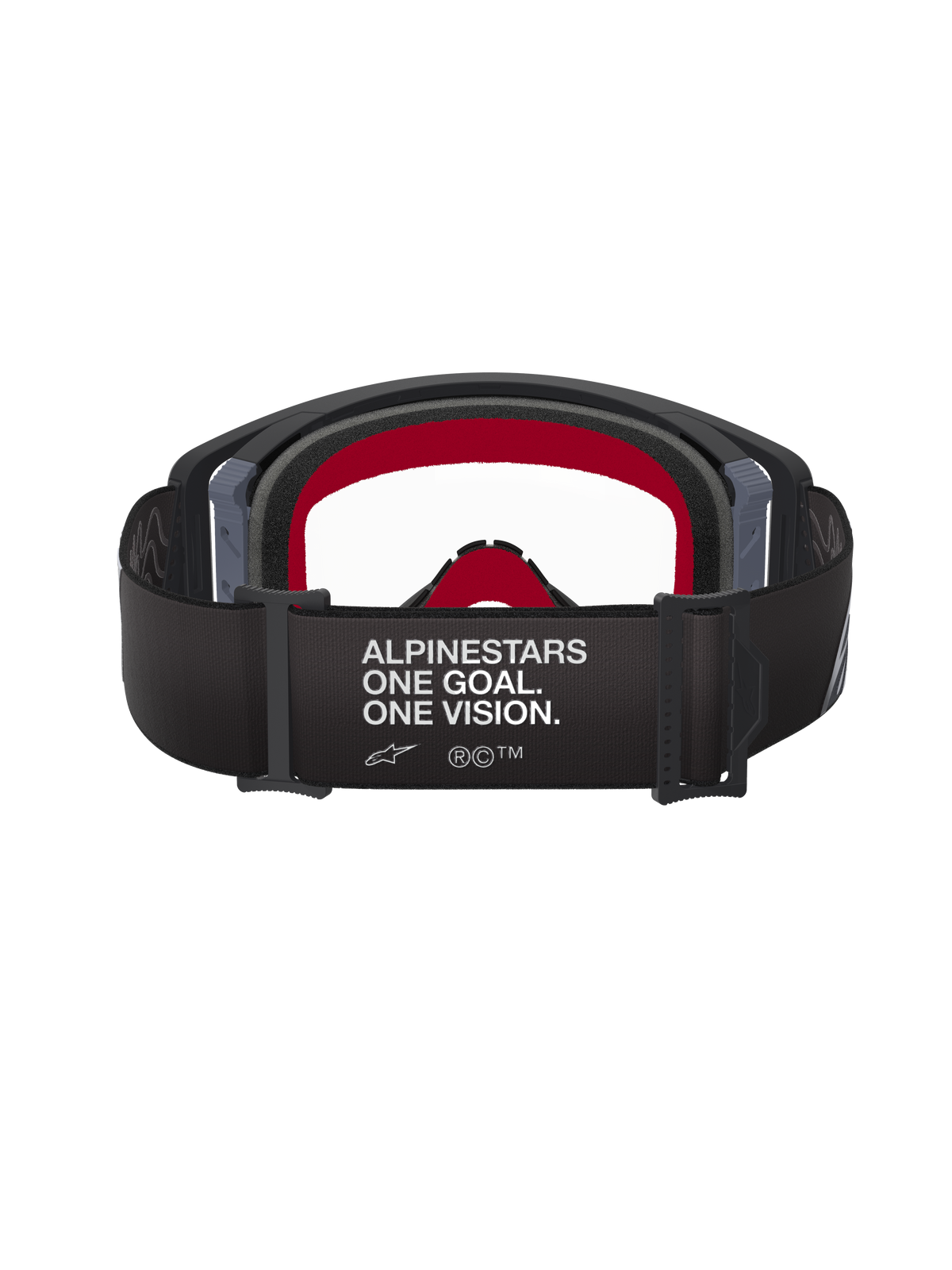 Masque Alpinestars Supertech Corp, noir et gris, vue arrière montrant la large sangle noire avec le texte blanc « ALPINESTARS ONE GOAL. ONE VISION. », mousse faciale intérieure rouge et écran clair, équipement de motocross haute performance