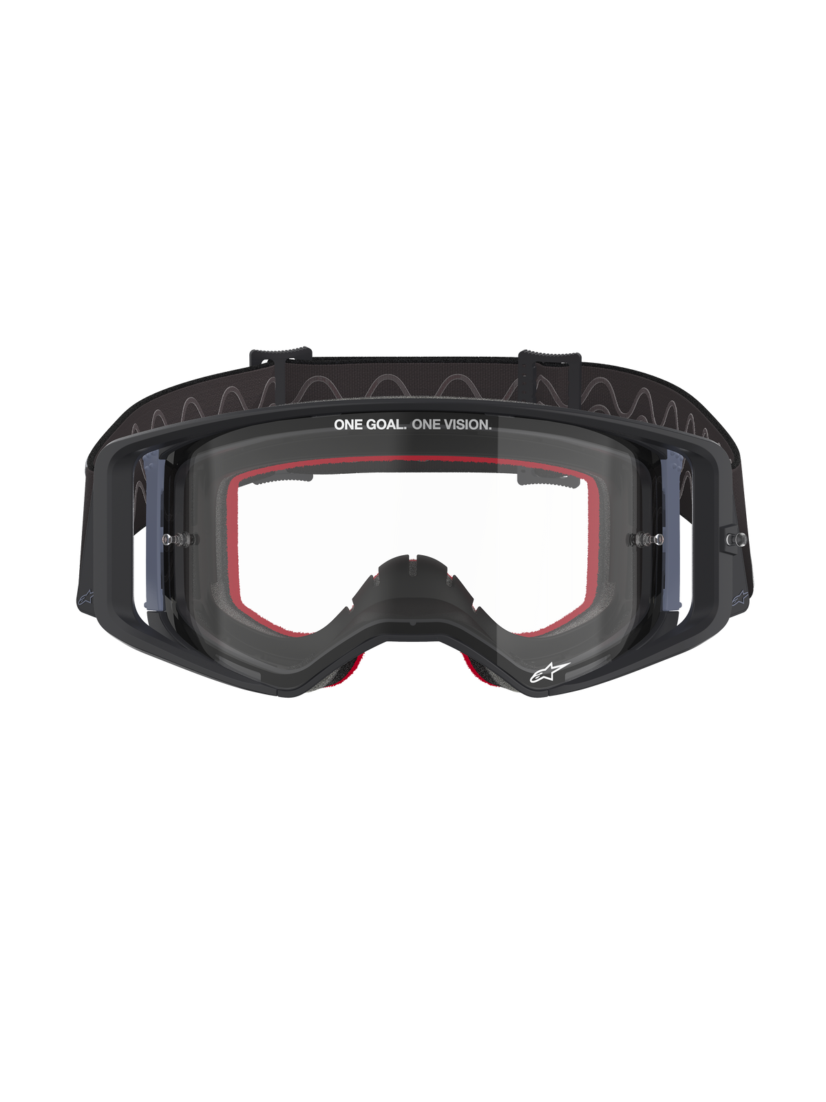 Masque Alpinestars Supertech Corp, lunettes de motocross, monture noire avec écran clair, mousse faciale interne rouge, inscription 'ONE GOAL. ONE VISION.' sur le haut de l'écran et bandeau noir avec revers en silicone, lunettes de course tout-terrain professionnelles