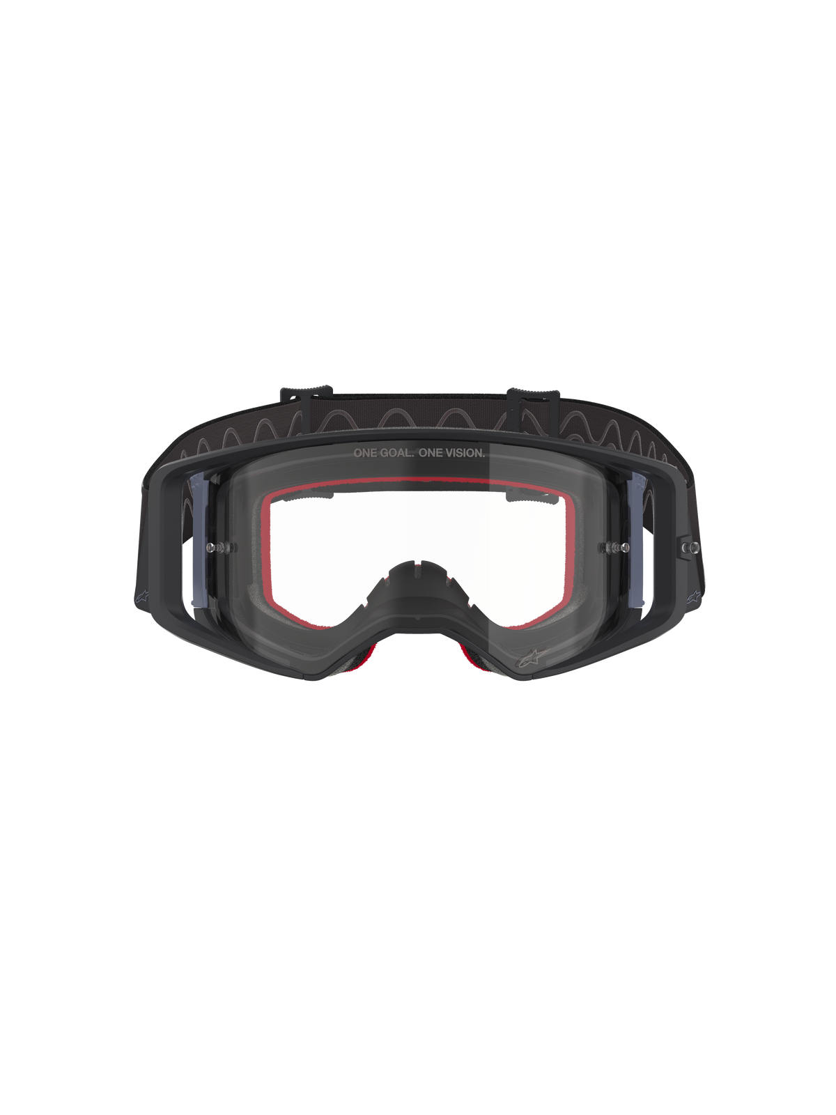 Masque Alpinestars Supertech Corp, masque de motocross, noir et gris avec écran clair, vue de face avec mousse intérieure rouge et large bandeau noir réglable, lunettes tout-terrain haute performance