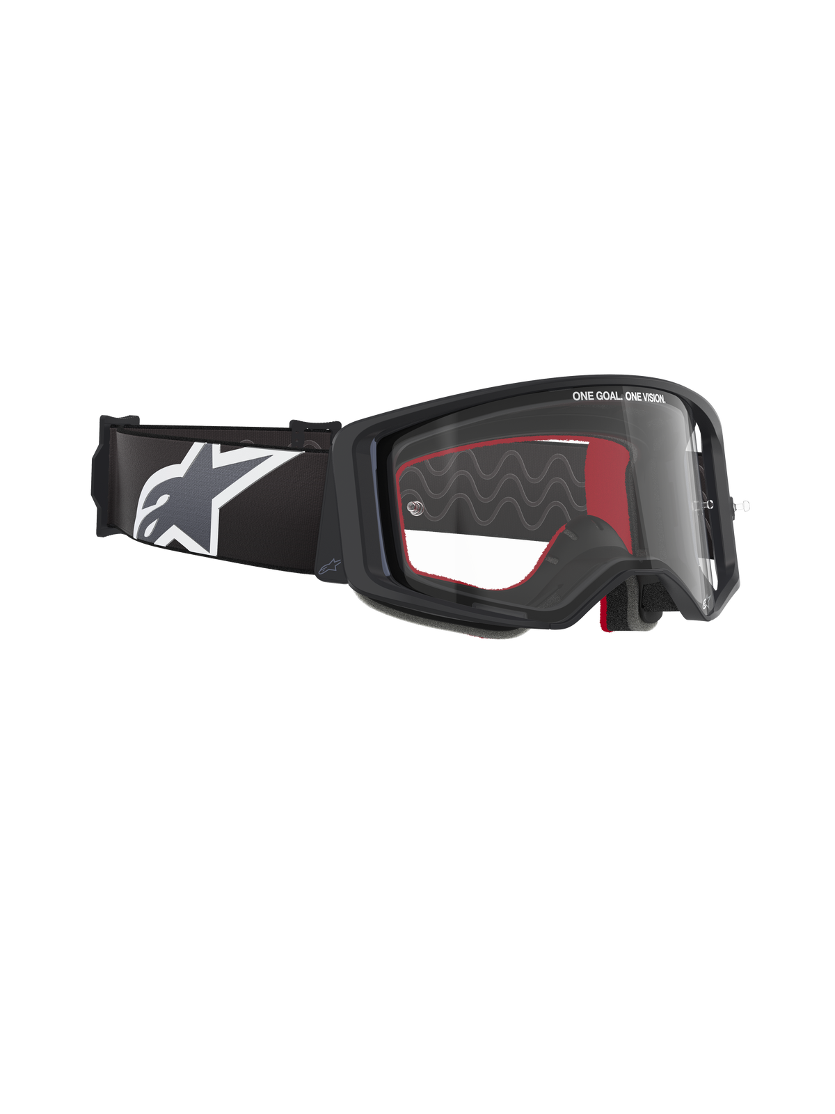 Masque de motocross Alpinestars Supertech Corp, monture noire avec écran clair, bandeau noir réglable avec grand logo étoile Alpinestars blanc, accents intérieurs en mousse rouge, protection oculaire professionnelle pour le tout-terrain