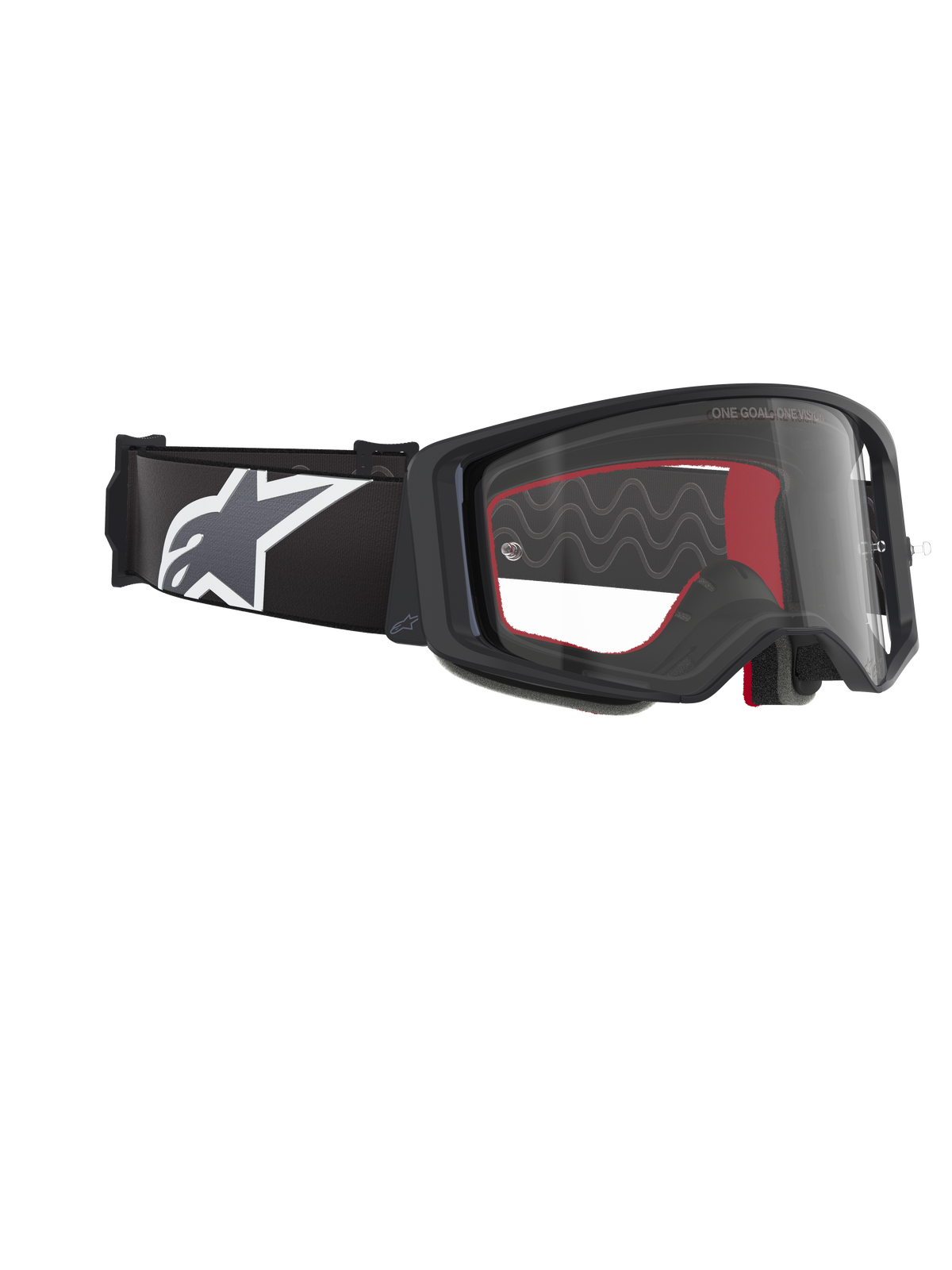 Masque Alpinestars Supertech Corp, lunettes de motocross, noir, gris et transparent, avec écran en polycarbonate clair, large bandeau noir avec logo Astars gris et blanc, mousse faciale moulée en 3D, protection oculaire haute performance pour le tout-terrain
