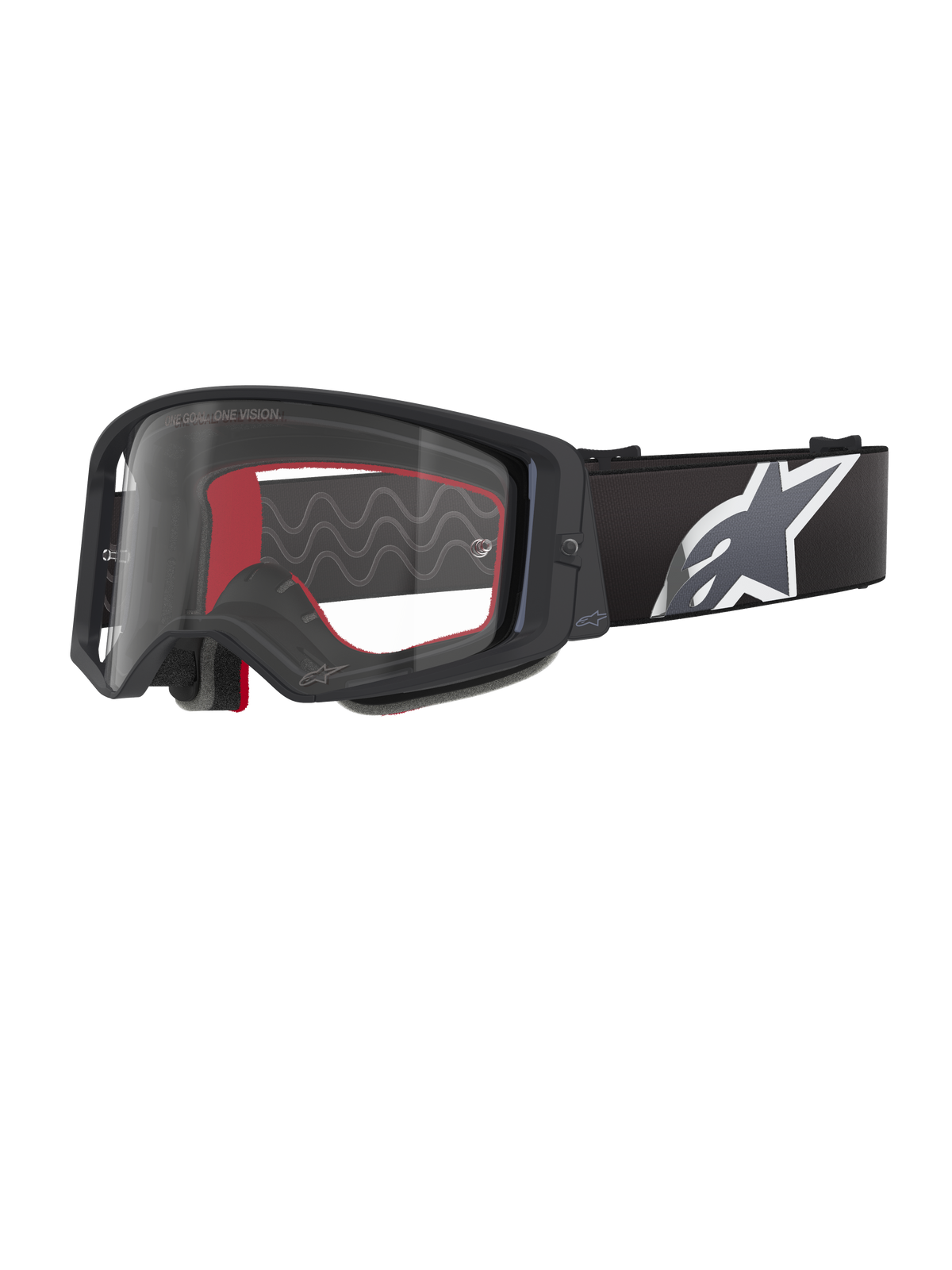 Masque Alpinestars Supertech Corp, masque de motocross, noir, gris et transparent, écran en polycarbonate transparent avec monture noire, mousse faciale interne rouge, large bandeau ajustable avec grand logo Astars blanc et gris, protection oculaire tout-terrain