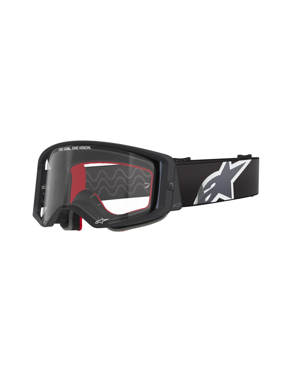 Lunettes Alpinestars Supertech Corp, lunettes de motocross, noires avec intérieur rouge, verre transparent, sangle noire avec grand logo étoile blanc, marquage « ONE GOAL. ONE VISION. », protection oculaire haute performance pour le tout-terrain