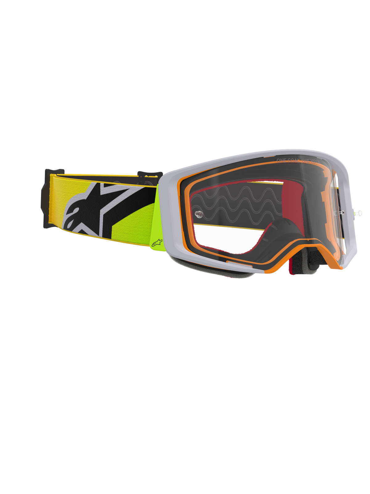 Alpinestars Supertech Corp Goggles, Motocross Goggles, Fluo Yellow and Grey, clear lens with orange frame accents, featuring a fluo yellow strap with a black Alpinestars logo for off-road racing.