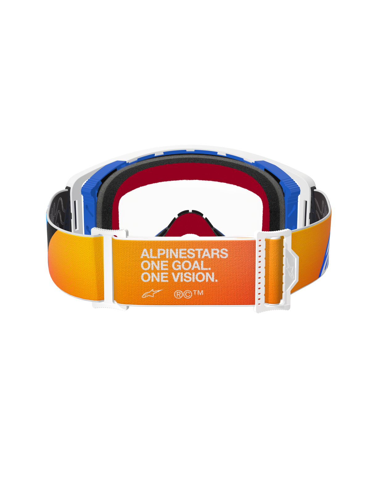 Alpinestars Supertech Corp Goggles, lunettes de motocross, Bleu Orange Clear, vue arrière montrant le bandeau dégradé orange et jaune avec le texte blanc « ALPINESTARS ONE GOAL. ONE VISION. », boucles blanches et accents bleus sur la monture.