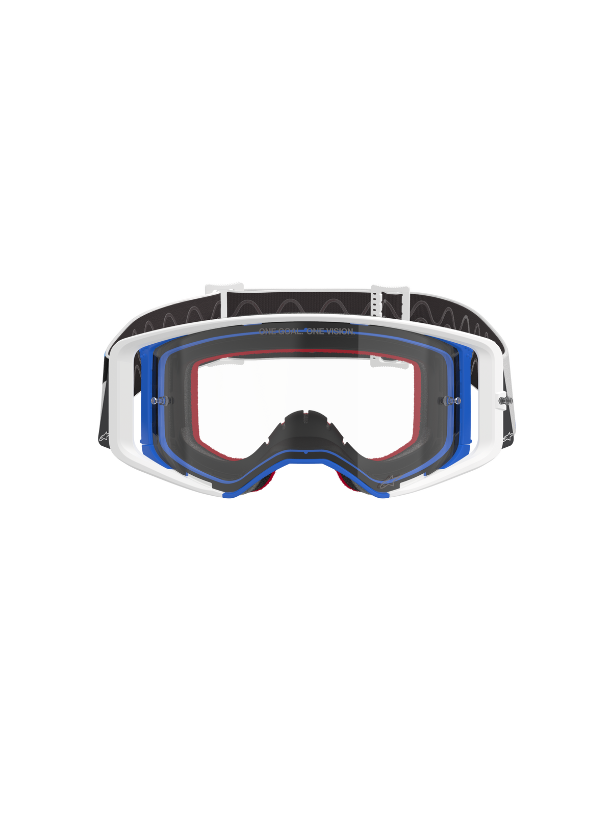 Lunettes de motocross Alpinestars Supertech Corp, bleu, blanc et orange avec écran clair, bandeau noir avec logo blanc, lunettes de course tout-terrain professionnelles avec large champ de vision et monture à double injection