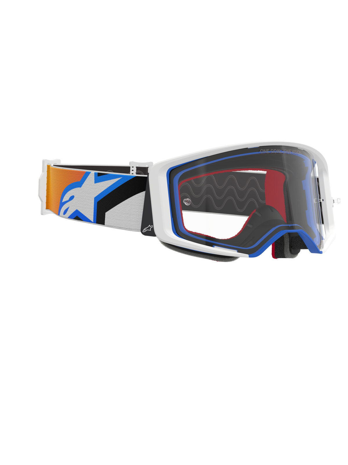 Masque Alpinestars Supertech Corp, masque de motocross, bleu, orange et incolore, vue latérale montrant l'écran transparent, monture blanche avec accents bleus et rouges, large bandeau avec graphismes orange et bleus et grand logo Alpinestars blanc.