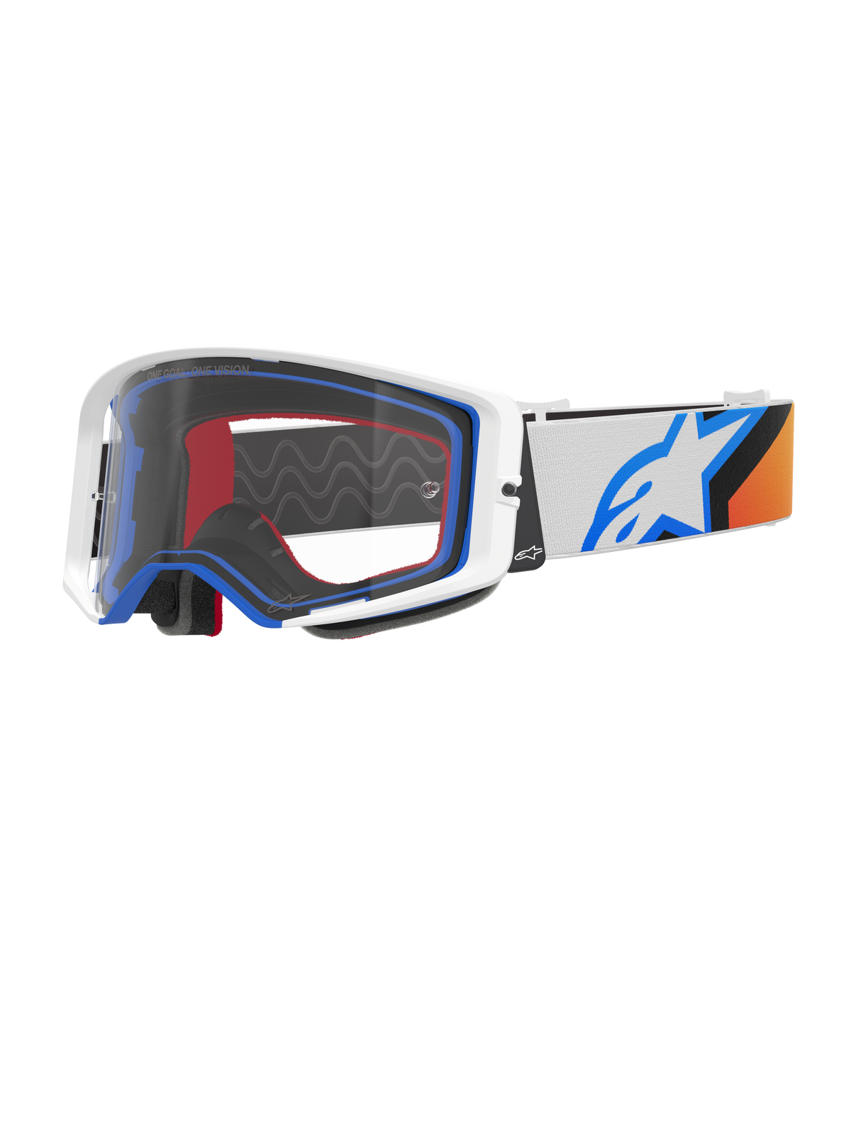 Masque Alpinestars Supertech Corp, masque de motocross, bleu, orange et blanc, écran clair avec monture blanche et détails bleus, large bandeau avec logo étoile Alpinestars et grip en silicone, protection oculaire haute performance pour la compétition tout-terrain