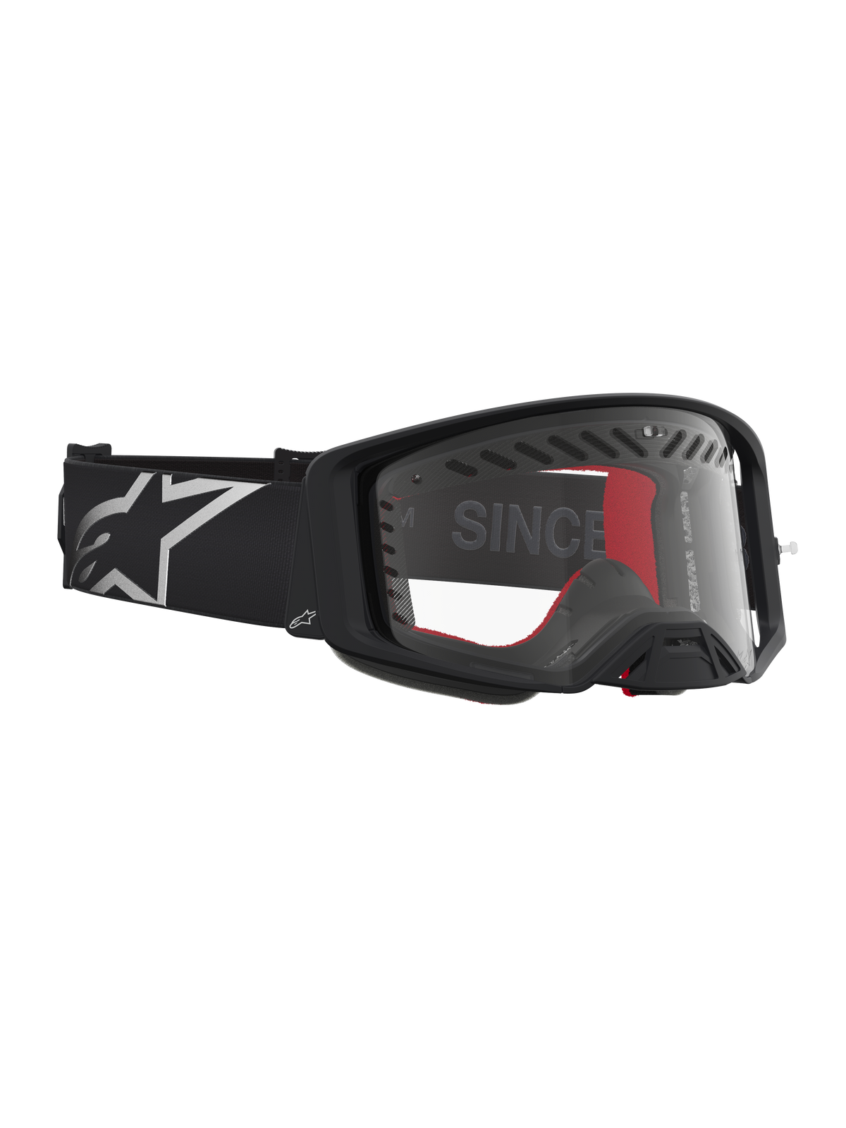 Masque Supertech Dura Air Fluid Alpinestars, masque MX noir et argenté avec lentille transparente en polycarbonate.