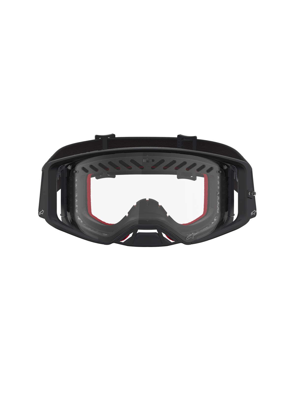Alpinestars Supertech Dura Air Fluid, masque de motocross noir et rouge avec lentille claire et cadre ventilé pour la course.