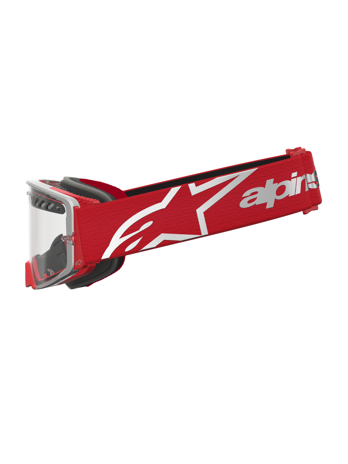 Alpinestars Supertech Dura Air Fluid Goggles, Motocross racing eyewear, Red and Silver, clear lens, white logo strap.