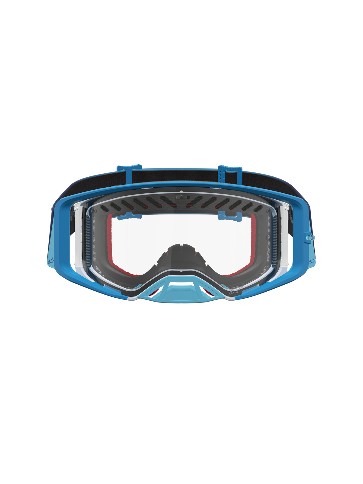 Alpinestars masque Supertech Dura Air Fluid pour motocross, bleu dégradé et gris, avec lentille transparente.