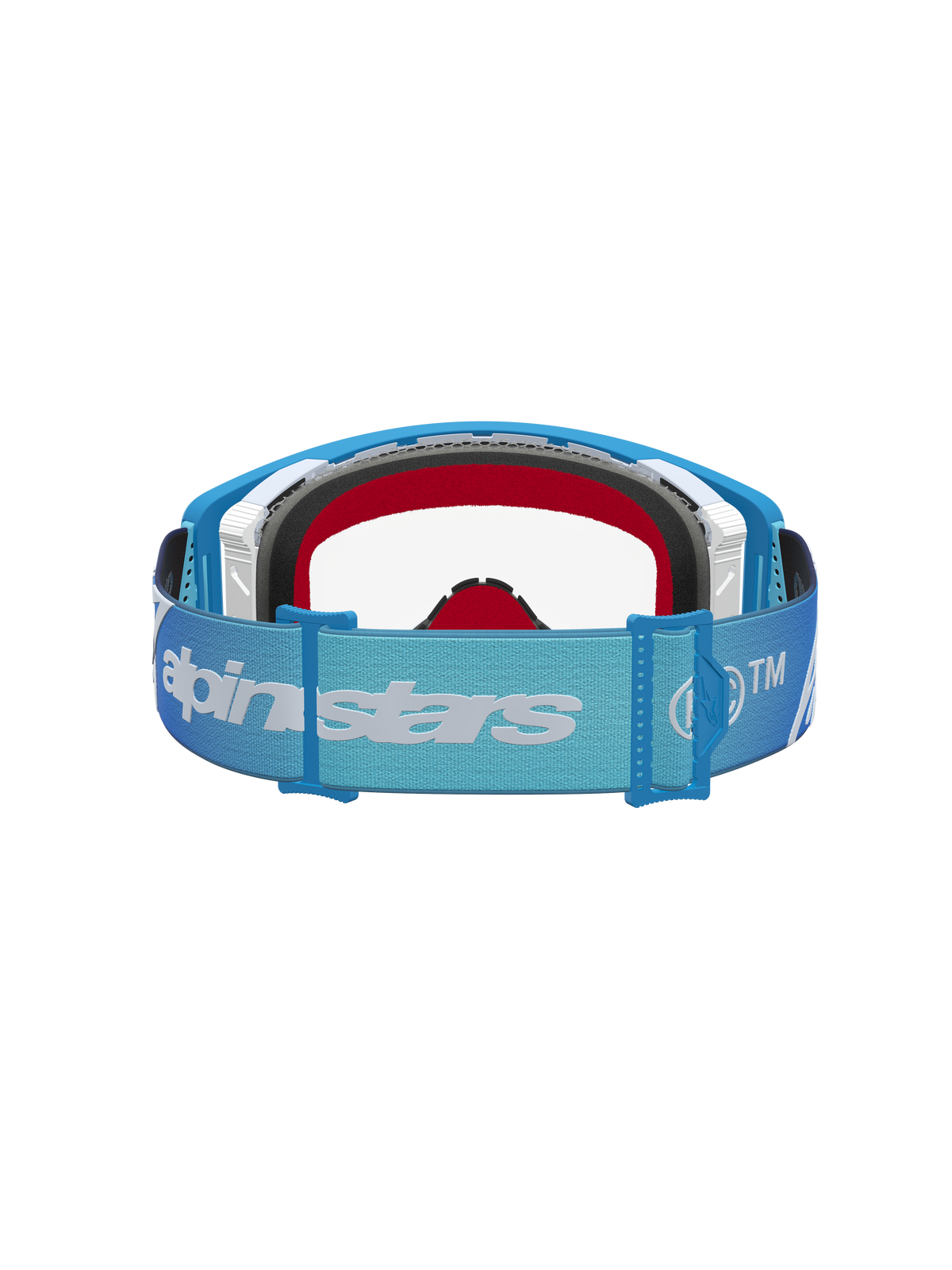 Alpinestars Supertech Dura Air Fluid, masque de motocross, bleu et argenté, écran clair, sangle réglable avec logo.