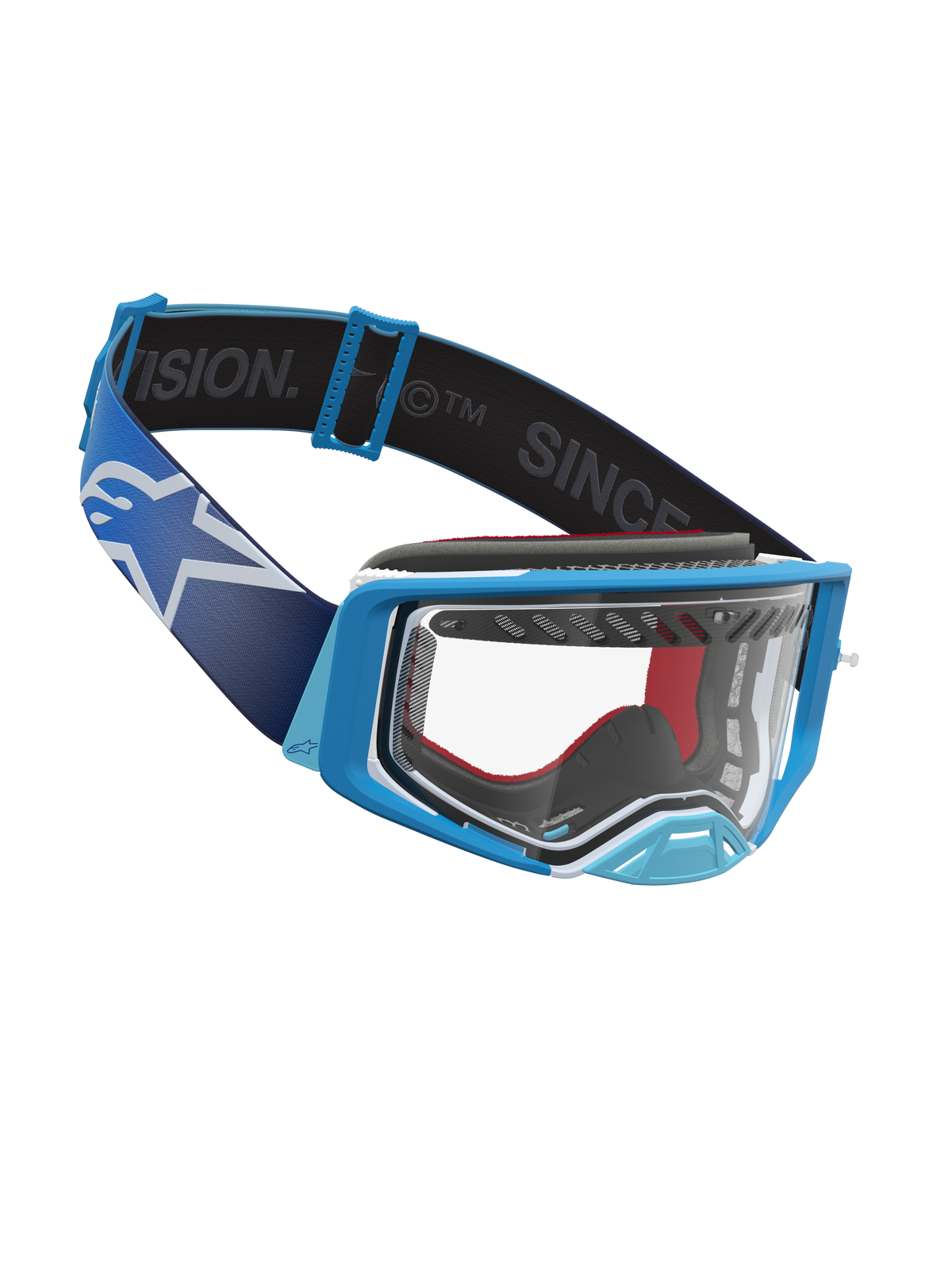 Alpinestars Masque Supertech Dura Air Fluid, masque de motocross pour la compétition, bleu et blanc, lentille transparente en polycarbonate, large sangle élastique avec logo