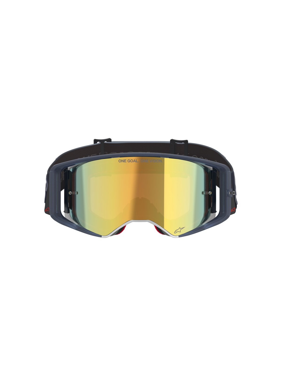 Masque Alpinestars Supertech Vision Vista, masque de motocross, Black Mirror Gold, vue de face avec écran miroir doré et monture sombre, lunettes de protection professionnelles pour le tout-terrain avec inscription « ONE GOAL. ONE VISION. » et détails du logo.