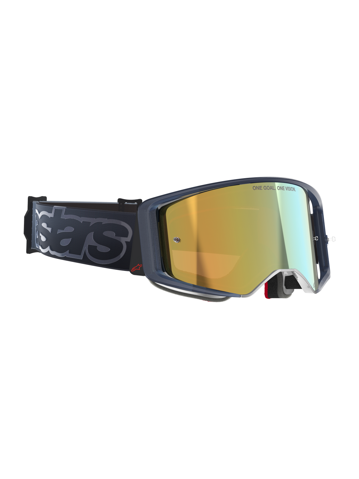 Masque Alpinestars Supertech Vision Vista, masque de motocross, noir et or miroir, écran miroir doré avec inscription 'ONE GOAL. ONE VISION.', monture sombre avec accent logo rouge, large bandeau noir avec marquage 'stars' gris, équipement tout-terrain haute performance