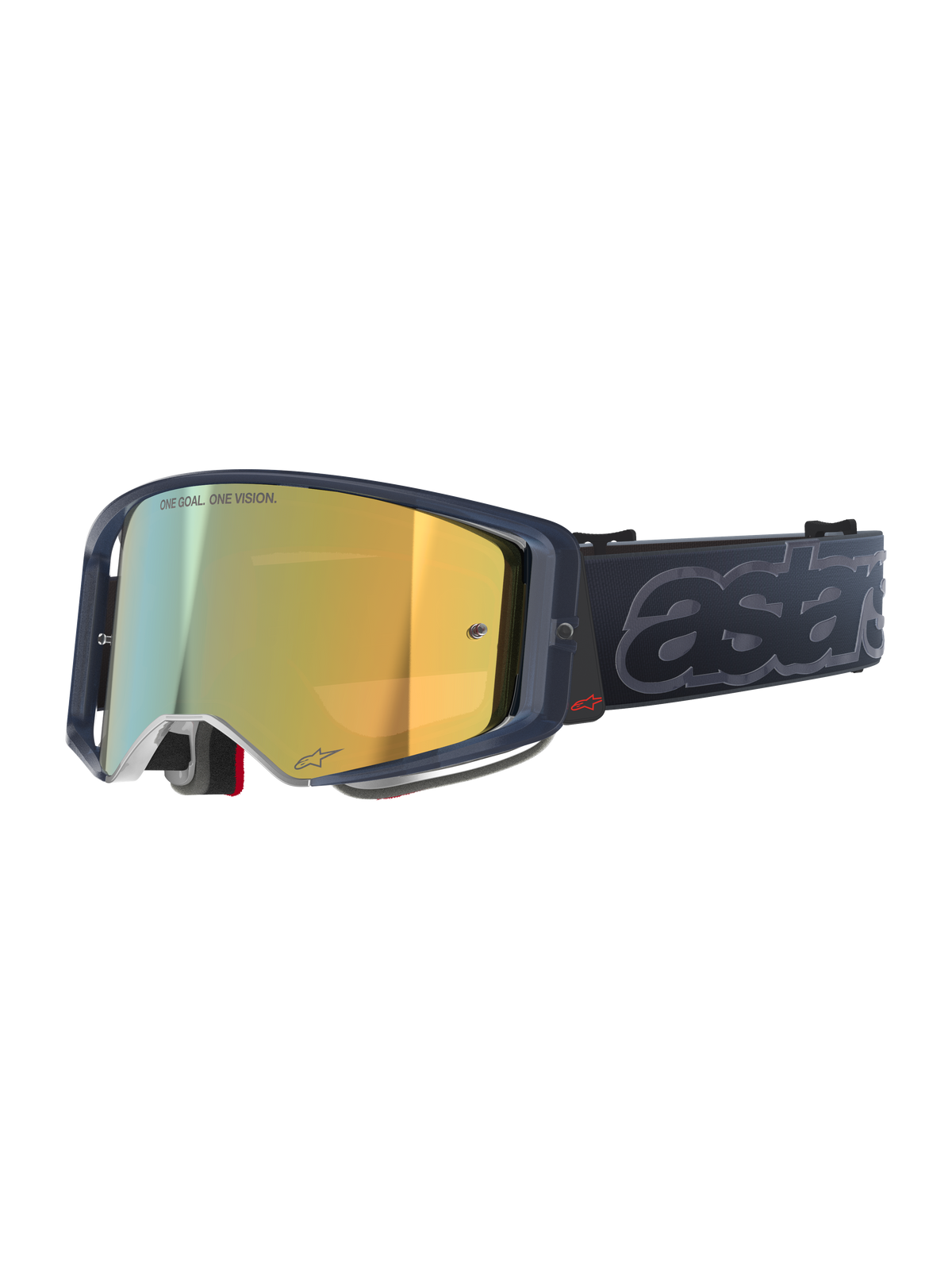 Masque Alpinestars Supertech Vision Vista, lunettes de motocross MX, coloris Black Mirror Gold, monture translucide foncée, écran à effet miroir doré avec l'inscription « ONE GOAL. ONE VISION. », bandeau noir avec large marquage « astars » gris embossé