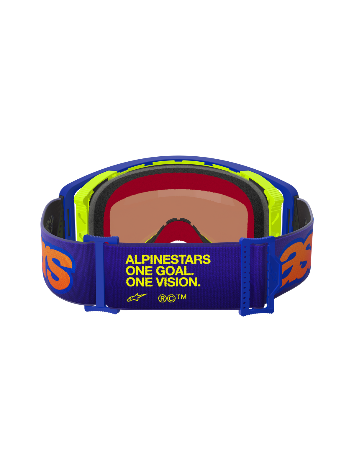 Masque Alpinestars Supertech Vision Vista, vue arrière, sangle violette avec texte jaune « ONE GOAL. ONE VISION. » et logos orange, monture bleue et jaune fluo, mousse faciale multicouche, écran teinté rouge miroir, lunettes de motocross professionnelles