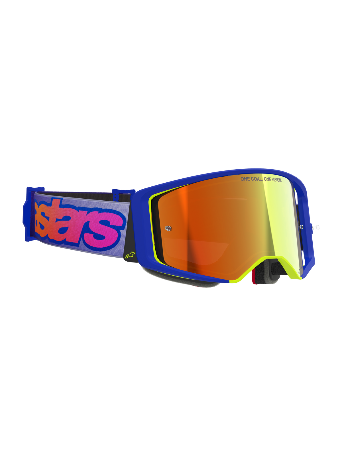 Masque Alpinestars Supertech Vision Vista, masque de motocross, monture bleue et jaune avec écran teinté miroir rouge, bandeau violet avec logo Alpinestars rose vif, lunettes de course tout-terrain professionnelles