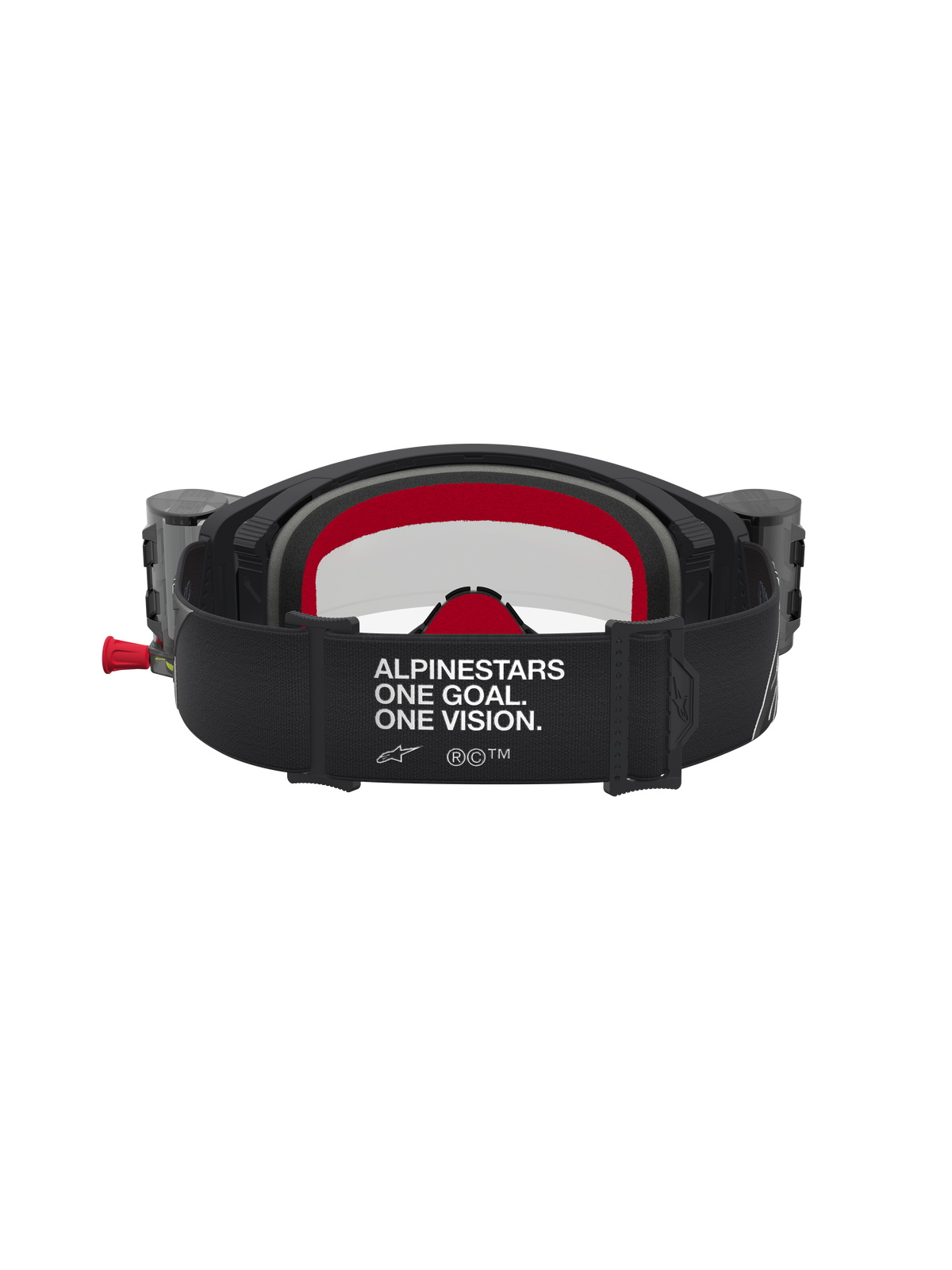 Alpinestars Supertech Firma Roll Off Goggles, black and red motocross goggles with wide branded strap and roll-off system.