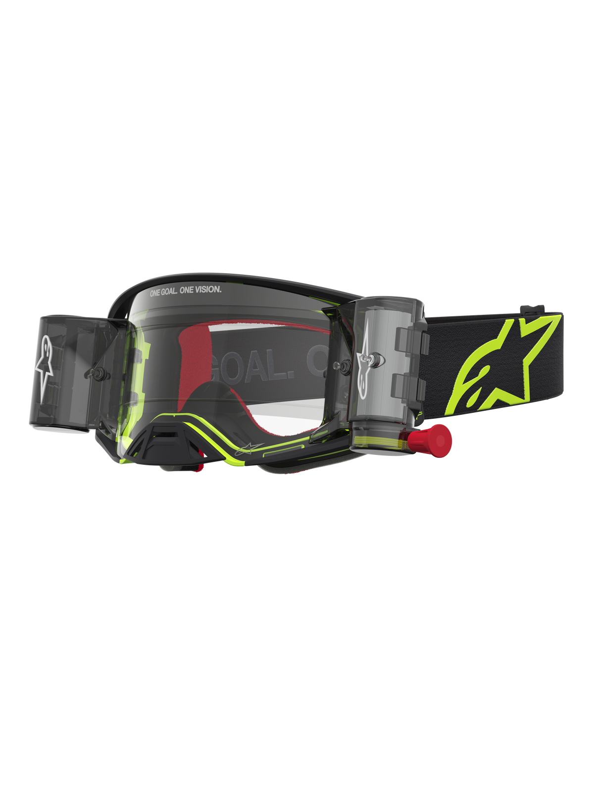 Alpinestars Supertech Firma Roll Off, masque de motocross noir et jaune fluo, doté d'un système roll-off et d'une lentille transparente pour le pilotage tout-terrain.
