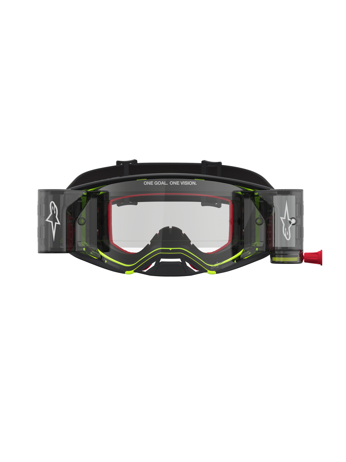 Masque Alpinestars Supertech Firma avec système Roll-Off, noir et jaune fluo, lunettes de motocross avec lentille claire.