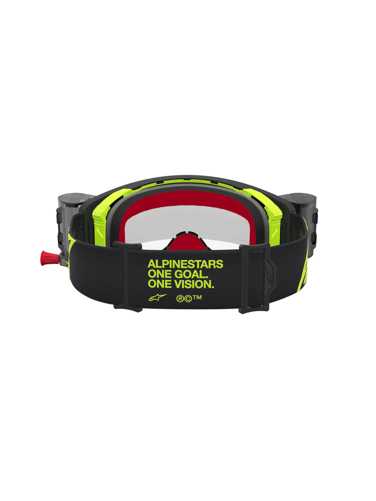 Masque Alpinestars Supertech Firma Roll Off noir et jaune fluo avec sangle logotypée pour motocross, vue arrière.