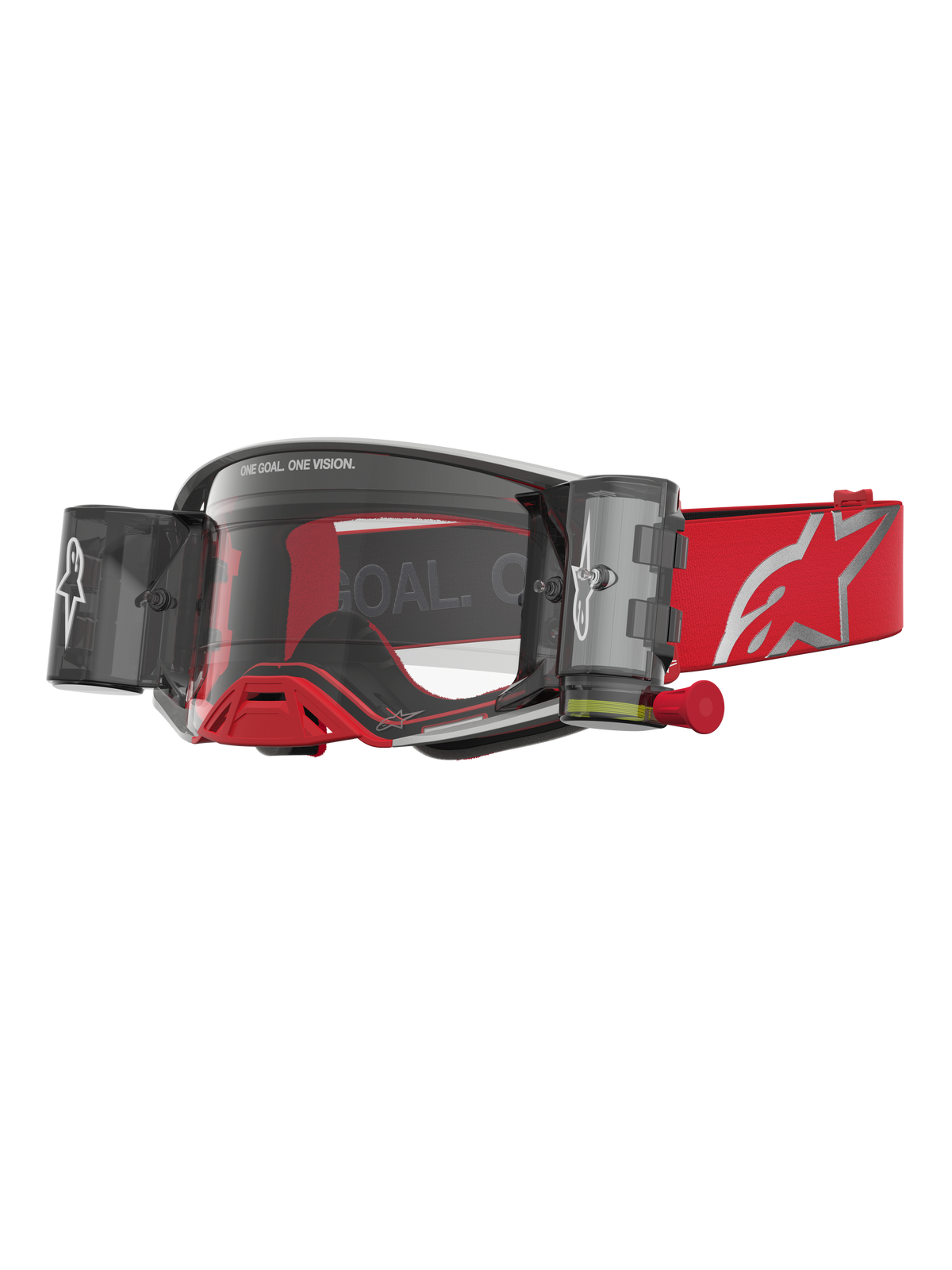 Alpinestars masque Supertech Firma Roll Off, masque de motocross rouge et argenté, système Roll-Off avec lentilles claires.