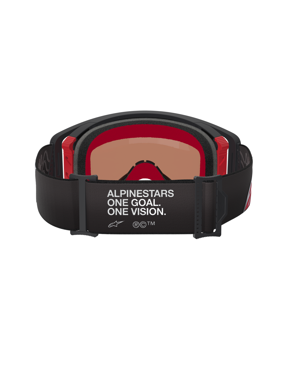 Alpinestars Supertech Corp Goggles Absolute Vision, Back View, Black and Red, featuring white 'ALPINESTARS ONE GOAL. ONE VISION.' text on a wide black strap, red inner frame accents, professional motocross goggles