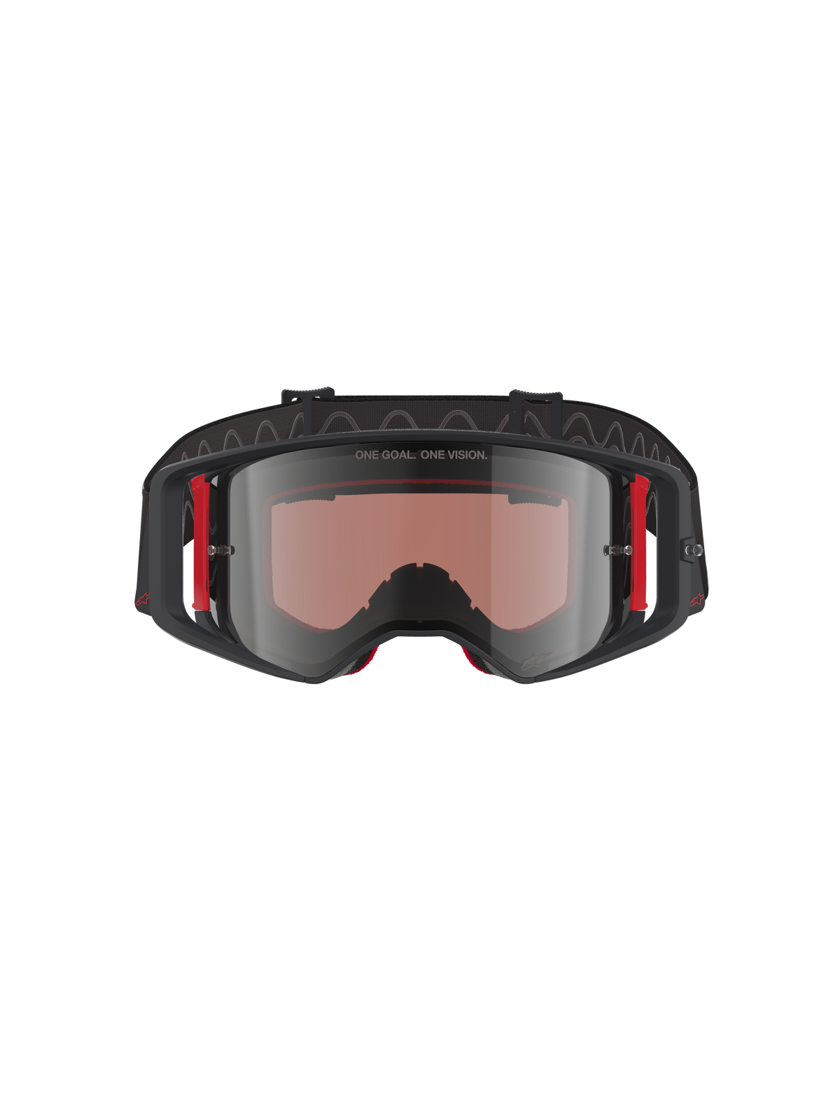 Masque Alpinestars Supertech Corp Absolute Vision, lunettes de motocross, monture noire et rouge avec écran miroir argenté, avec l'inscription 'ONE GOAL. ONE VISION.' sur le dessus de la monture et des accents rouges latéraux, protection oculaire de qualité professionnelle pour le motocross