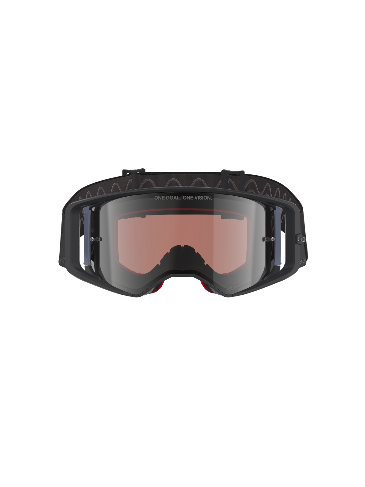 Alpinestars Supertech Corp Goggles Absolute Vision, lunettes de motocross, noir gris miroir argent, texte "ONE GOAL. ONE VISION." sur l'écran, écran en polycarbonate à large champ de vision, protection oculaire haute performance pour le tout-terrain