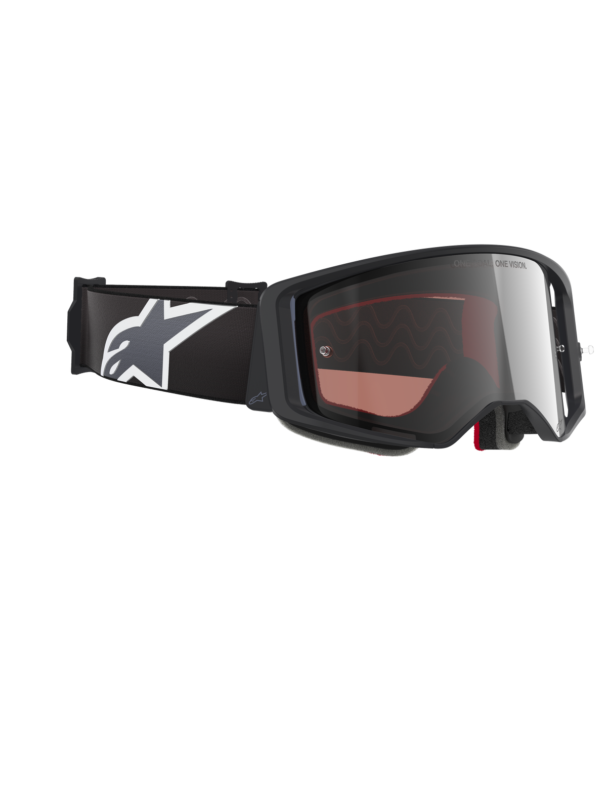 Alpinestars Supertech Corp Goggles Absolute Vision, Motocross Goggles, Black and Grey frame with Mirror Silver lens, wide black strap featuring white and grey Astars logo, performance eyewear for off-road racing.