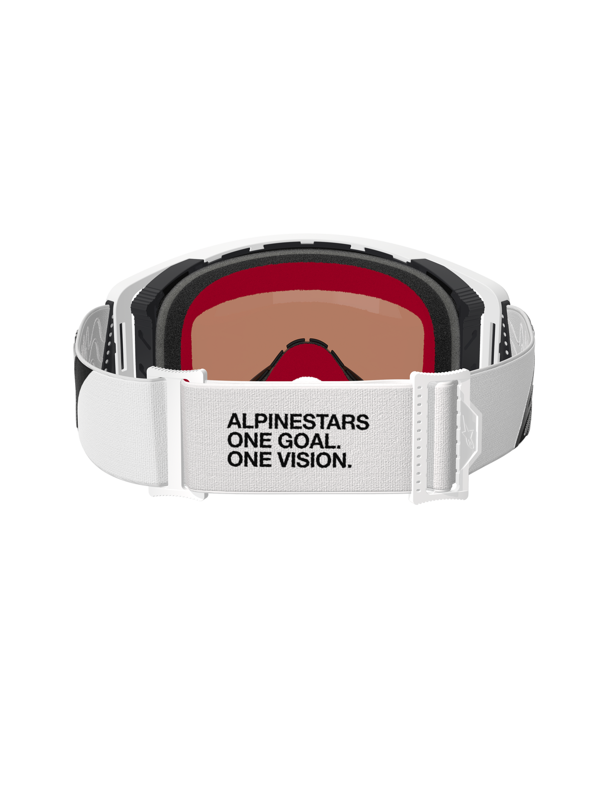 Alpinestars Supertech Corp Goggles Absolute Vision, lunettes de motocross, blanc et miroir argenté, vue arrière montrant le bandeau blanc avec le texte « ALPINESTARS ONE GOAL. ONE VISION. », mousse faciale multicouche et design de monture blanc épuré