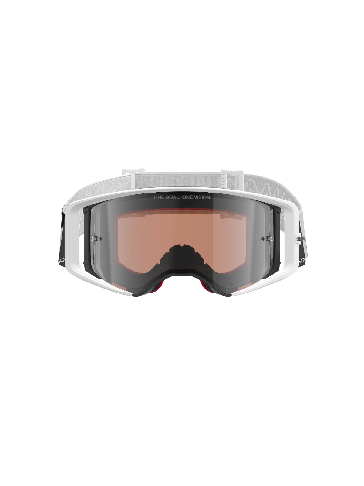 Alpinestars Supertech Corp Absolute Vision, masque de motocross, blanc et argent miroir, vue de face présentant une monture blanche et un écran argenté miroir avec le texte « ONE GOAL. ONE VISION. », bandeau blanc ajustable avec logo Alpinestars, protection oculaire haute performance pour la course tout-terrain